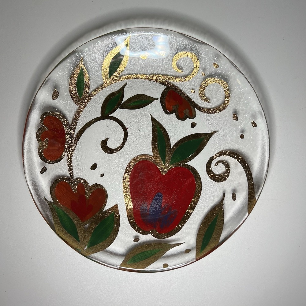 Glass Dessert Plate Vibrant Folk-Art Reverse Hand-Painted Red Apple & Blossoms